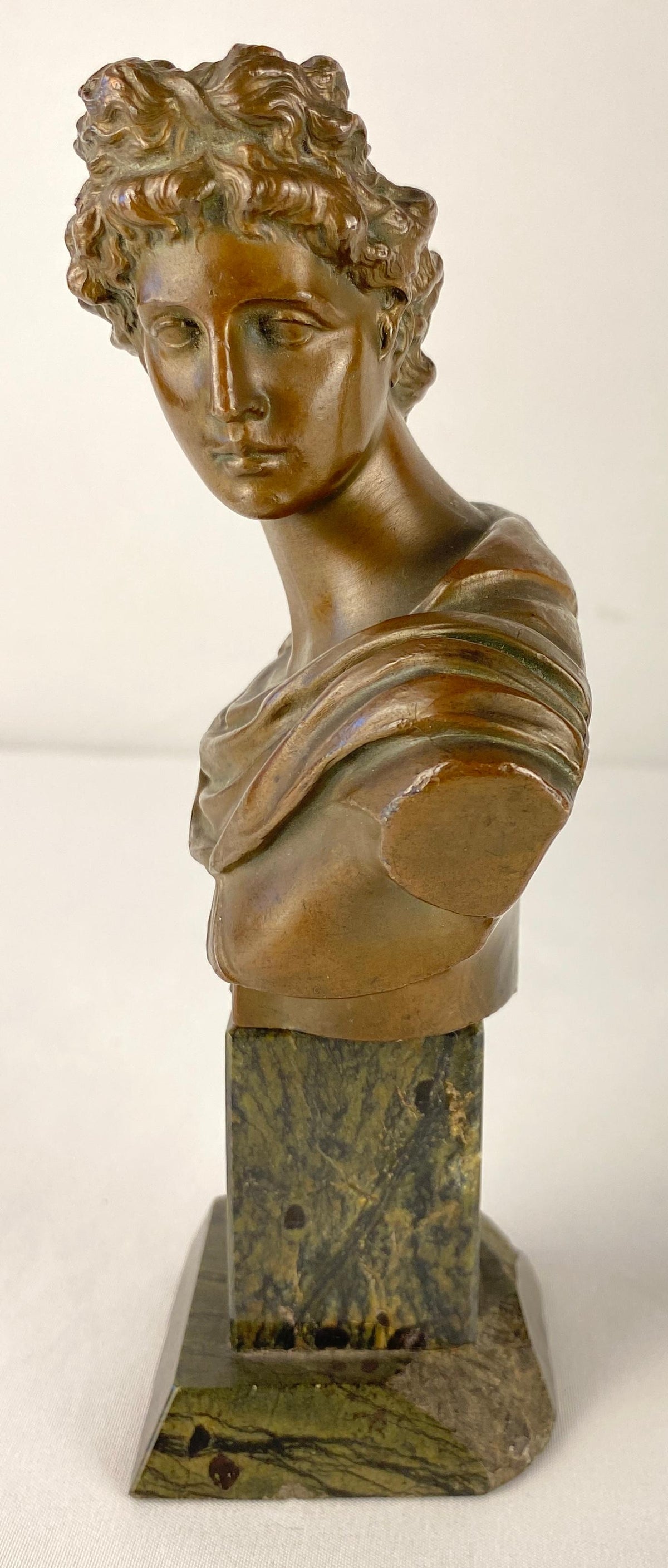 Pair of Neoclassical Bronze Busts Apollo and Diana Mounted on Black Marble — detail 5