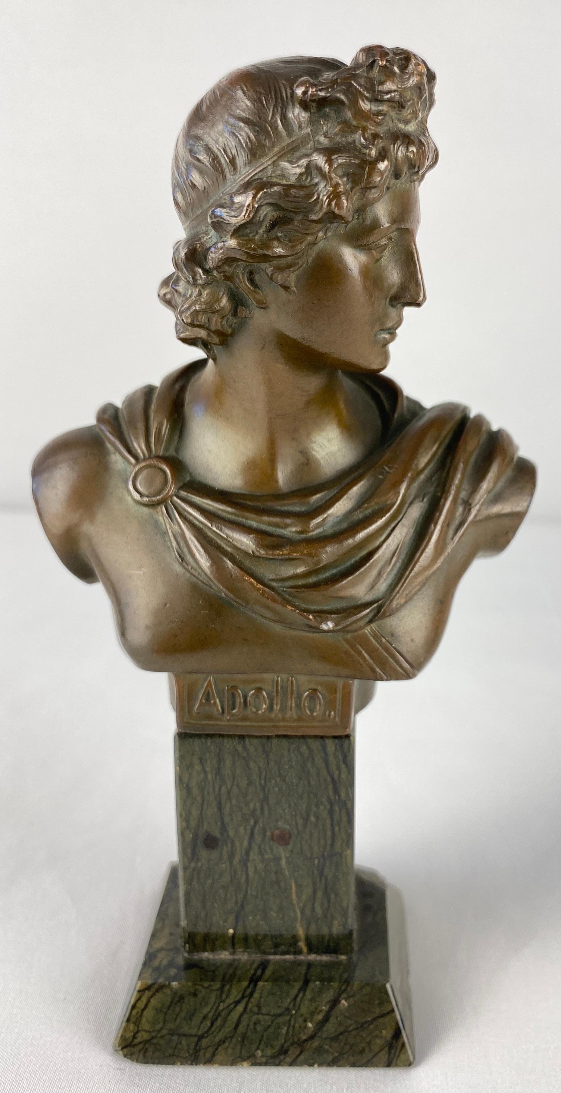 Pair of Neoclassical Bronze Busts Apollo and Diana Mounted on Black Marble — detail 6