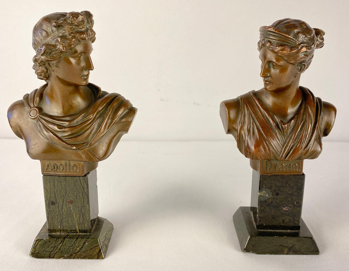 Pair of Neoclassical Bronze Busts Apollo and Diana Mounted on Black Marble — detail 7