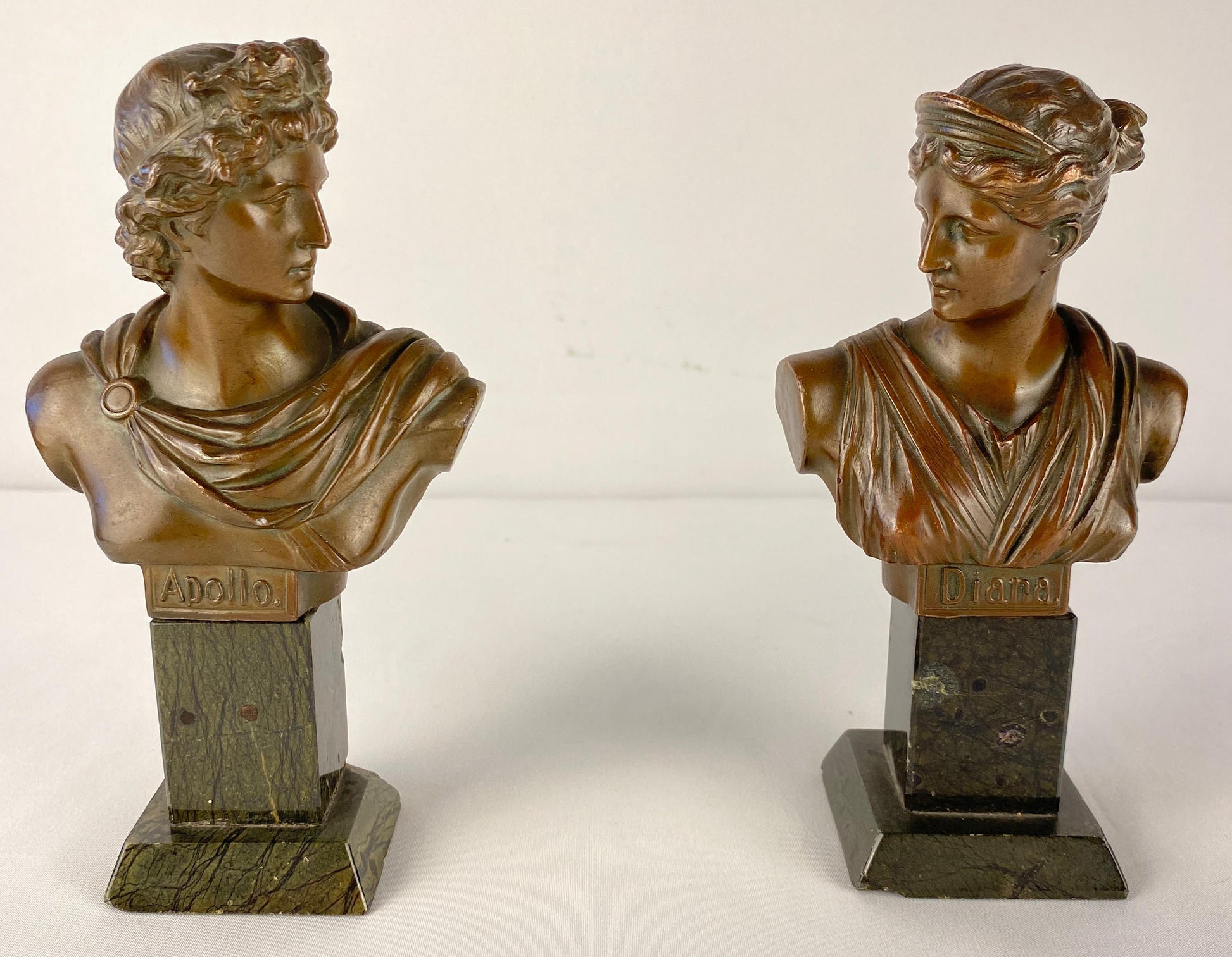 Pair of Neoclassical Bronze Busts Apollo and Diana Mounted on Black Marble — detail 7
