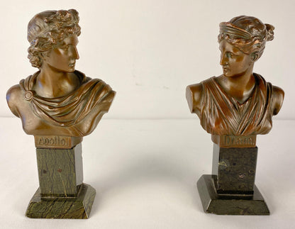 Pair of Neoclassical Bronze Busts Apollo and Diana Mounted on Black Marble — detail 7