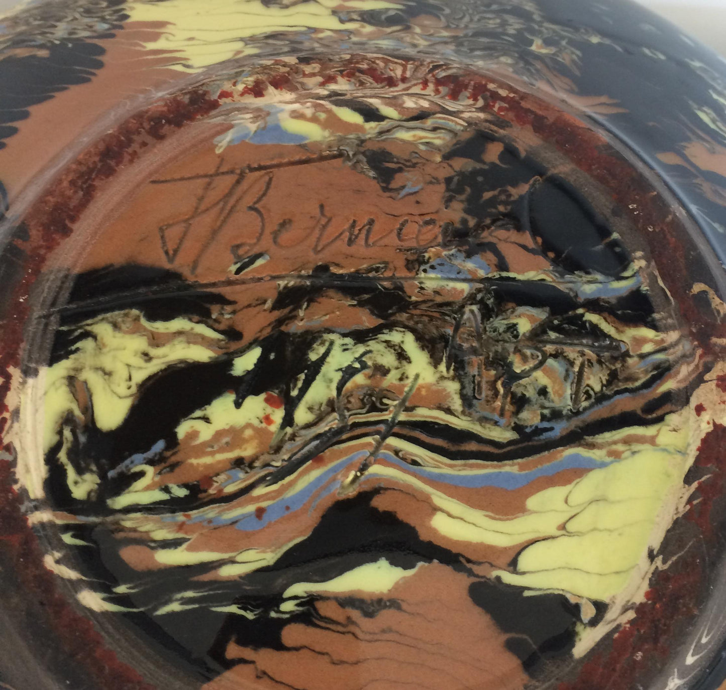 Large French Midcentury Ceramic Mixed Earths Bowl or Centerpiece, Signed — detail 2