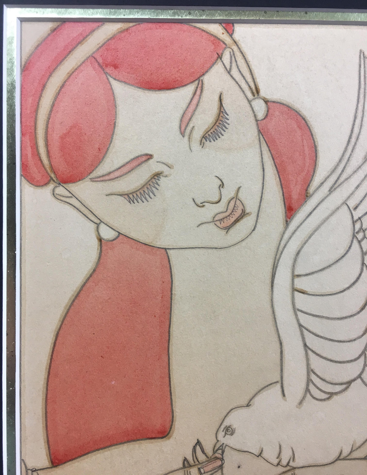 French Art Deco Painting Exotic Woman Holding a Dove Signed Chasquest Dated 1930 — detail 2