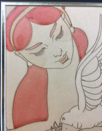 French Art Deco Painting Exotic Woman Holding a Dove Signed Chasquest Dated 1930 — detail 2