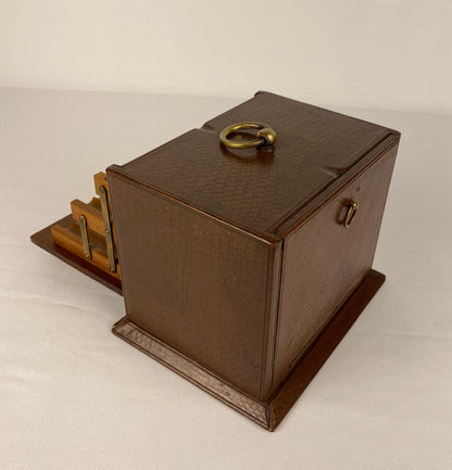 French Art Deco Cigarette Box, Walnut Wood and Leather — detail 4