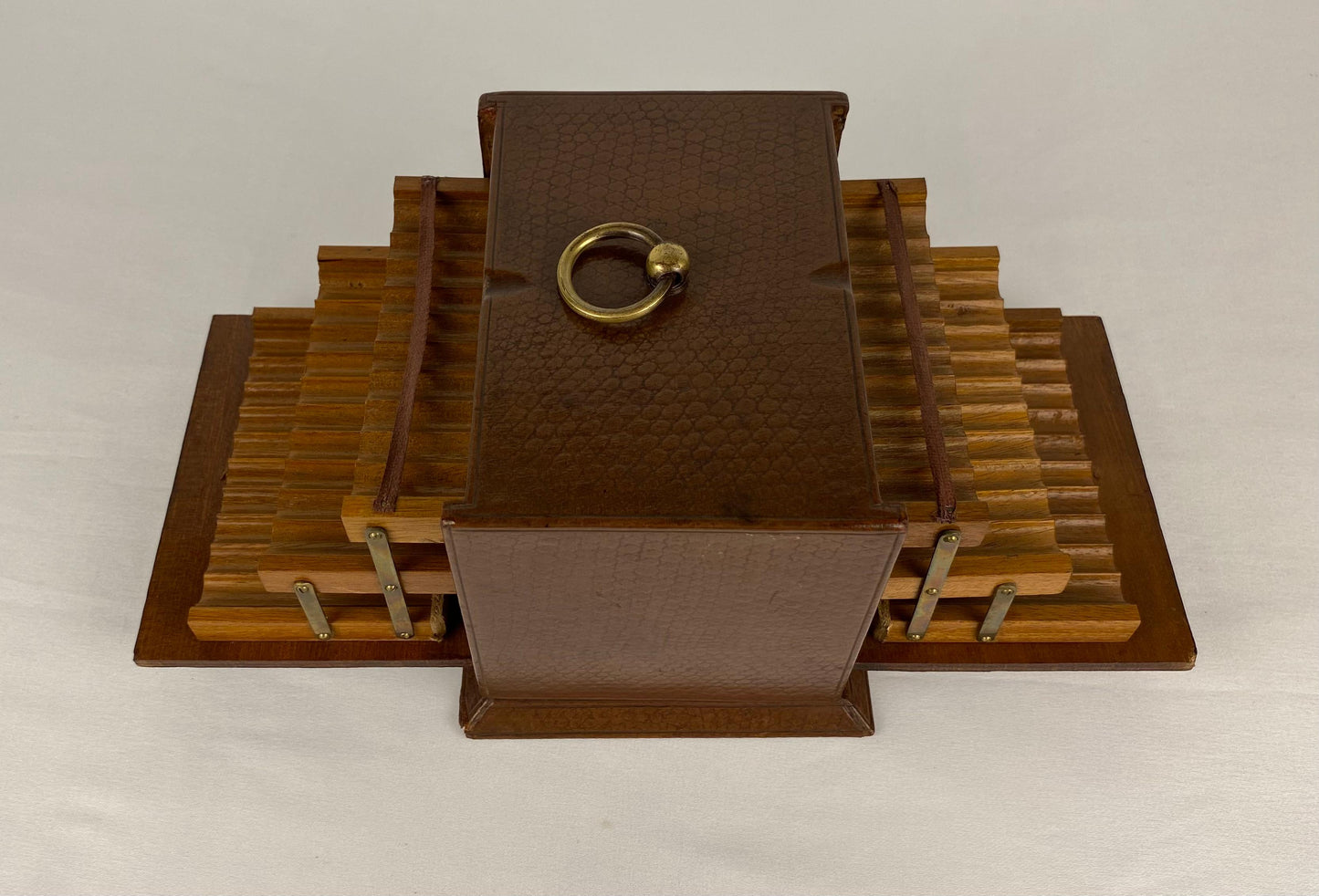 French Art Deco Cigarette Box, Walnut Wood and Leather — detail 6