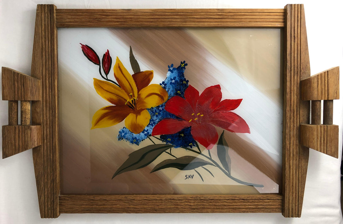 French Art Deco Style Serving Tray with Flowers, Oak and Glass — detail 2