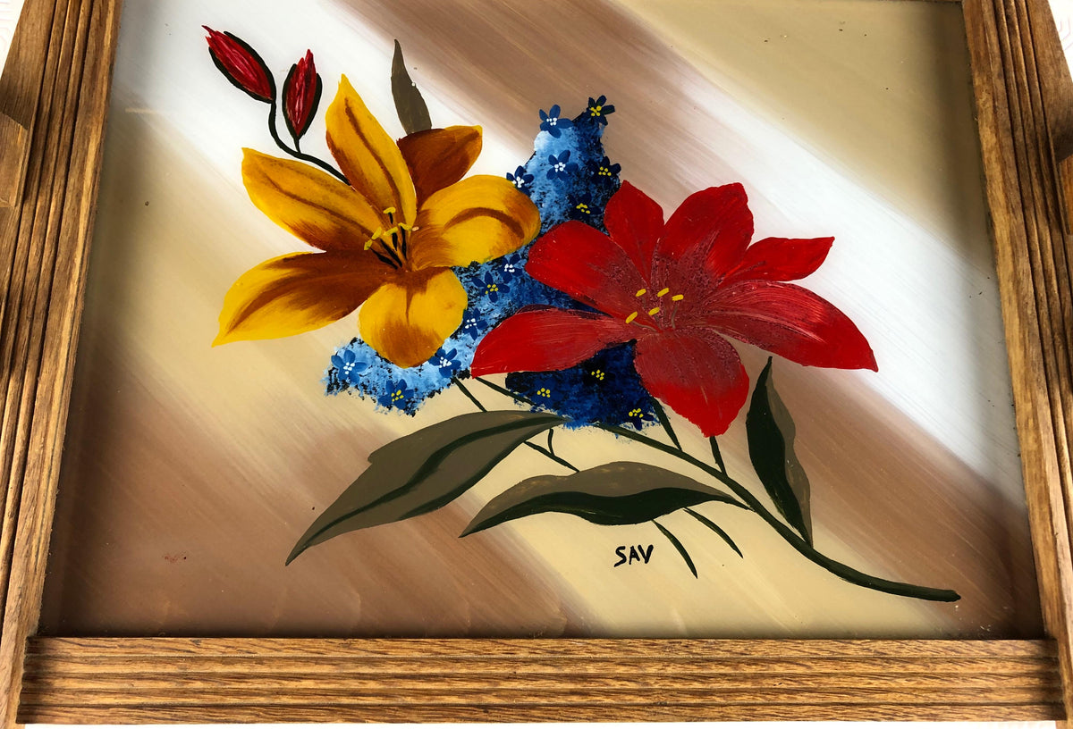French Art Deco Style Serving Tray with Flowers, Oak and Glass — detail 3