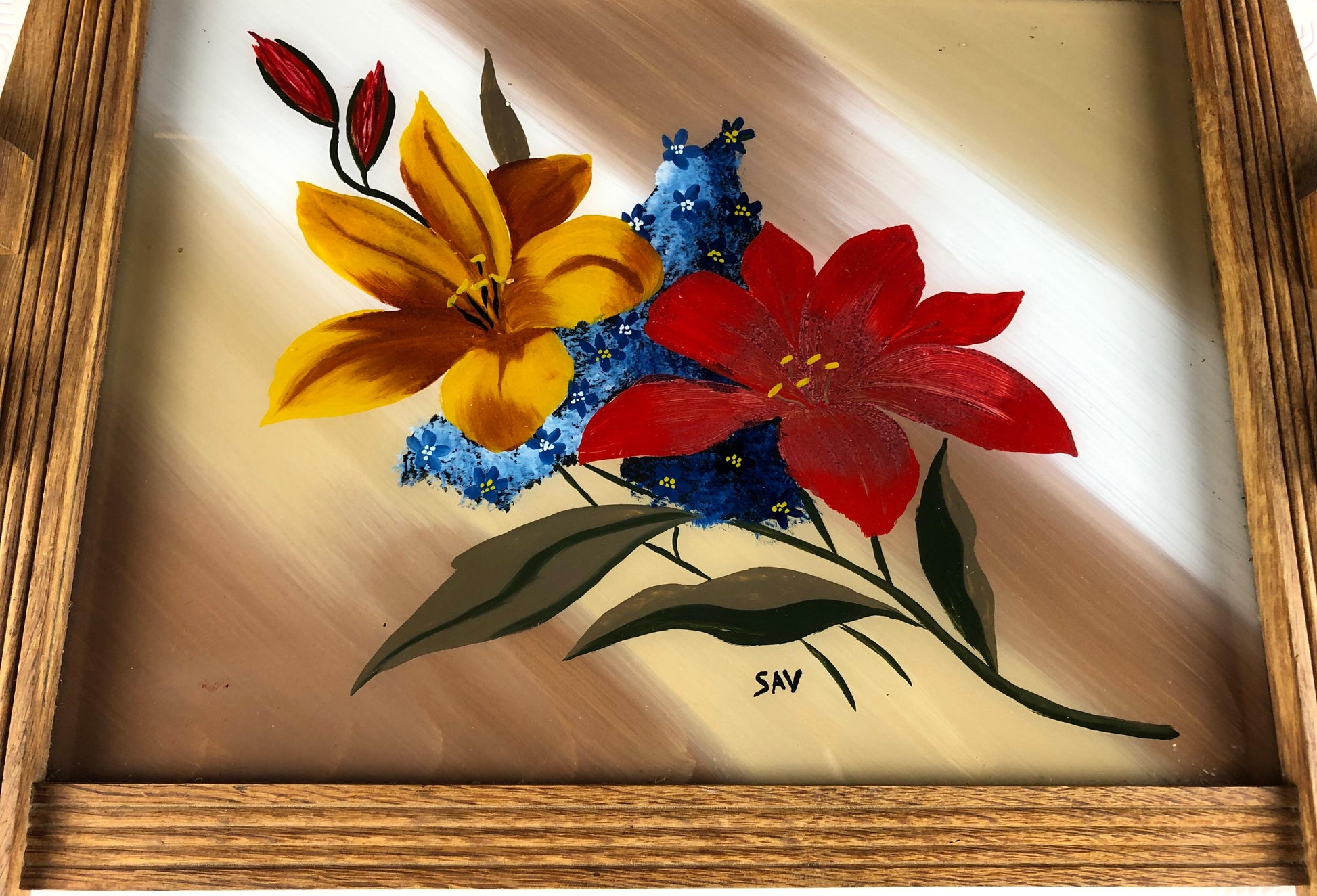 French Art Deco Style Serving Tray with Flowers, Oak and Glass — detail 3
