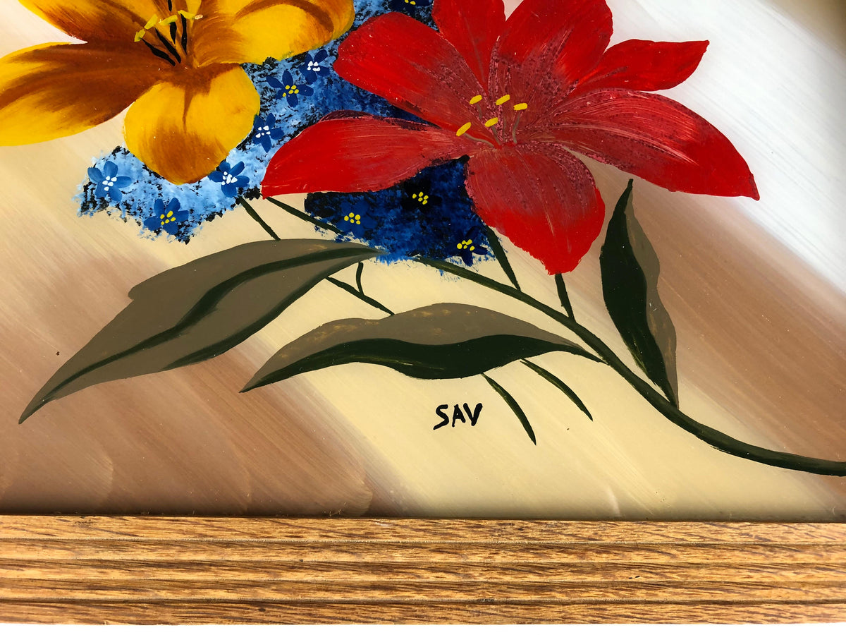 French Art Deco Style Serving Tray with Flowers, Oak and Glass — detail 4