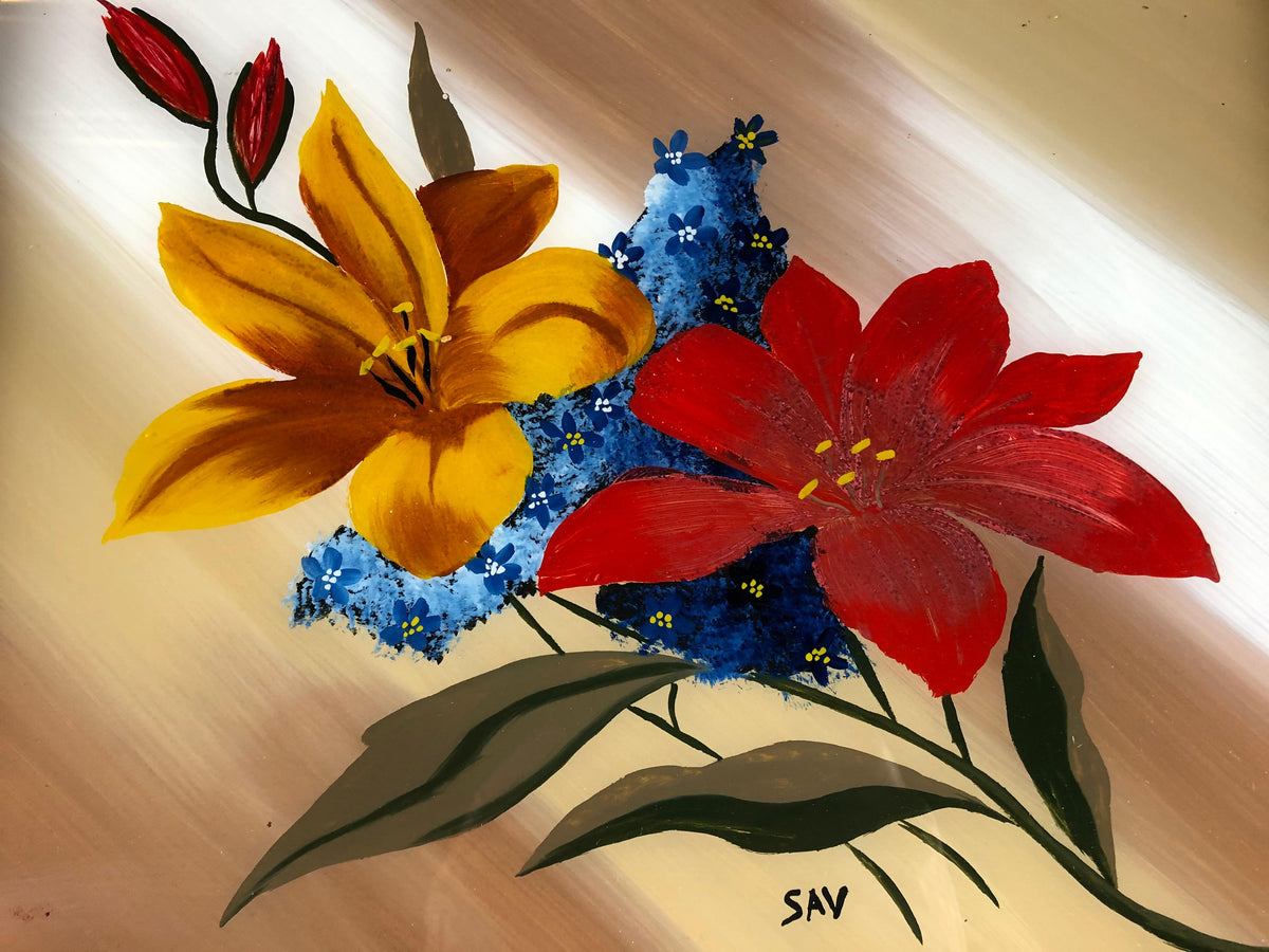 French Art Deco Style Serving Tray with Flowers, Oak and Glass — detail 5