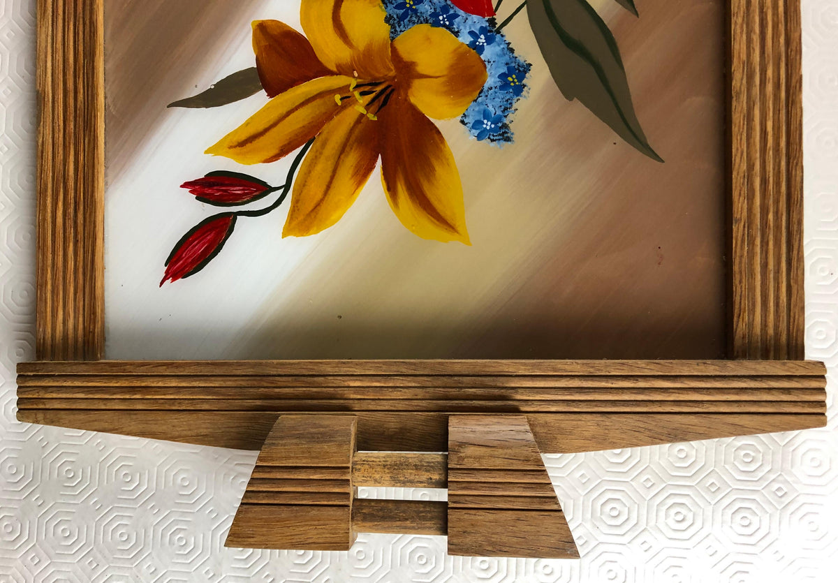 French Art Deco Style Serving Tray with Flowers, Oak and Glass — detail 6