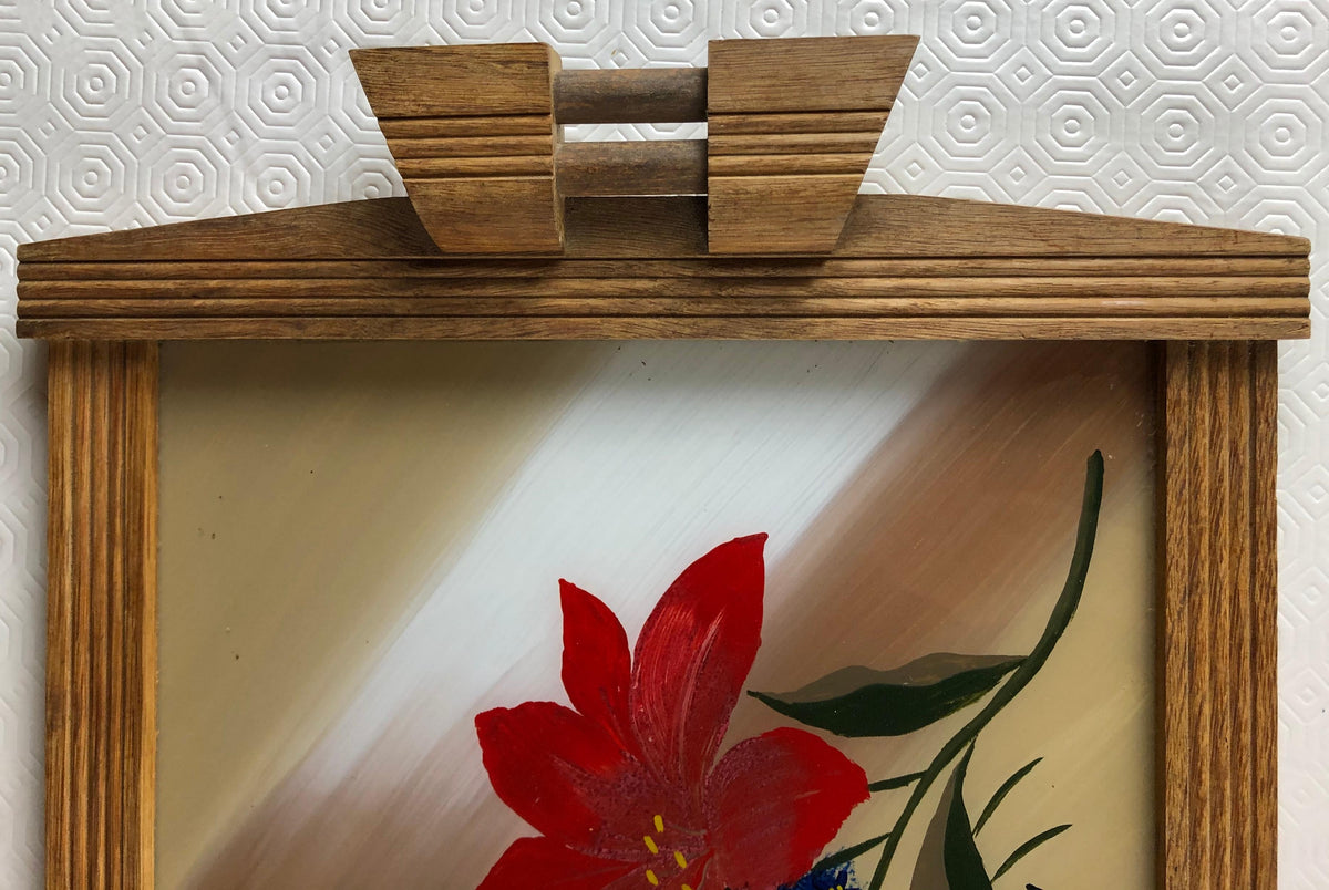 French Art Deco Style Serving Tray with Flowers, Oak and Glass — detail 7