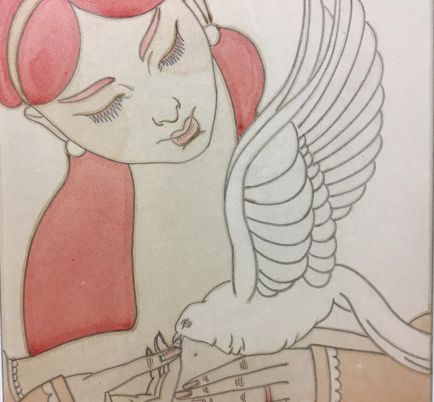 French Art Deco Painting Exotic Woman Holding a Dove Signed Chasquest Dated 1930 — detail 5