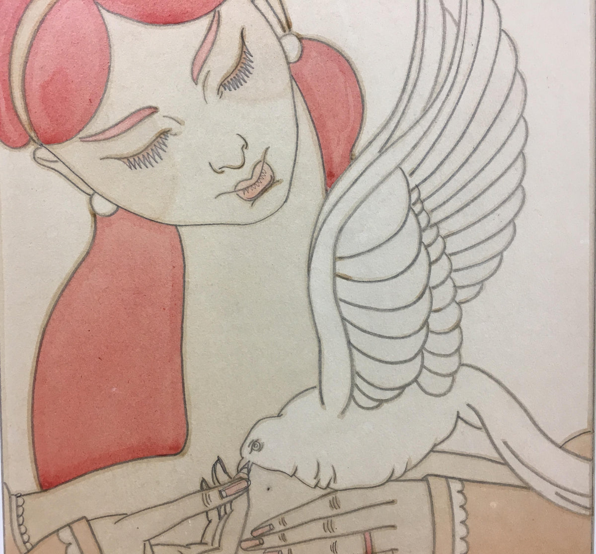 French Art Deco Painting Exotic Woman Holding a Dove Signed Chasquest Dated 1930 — detail 5