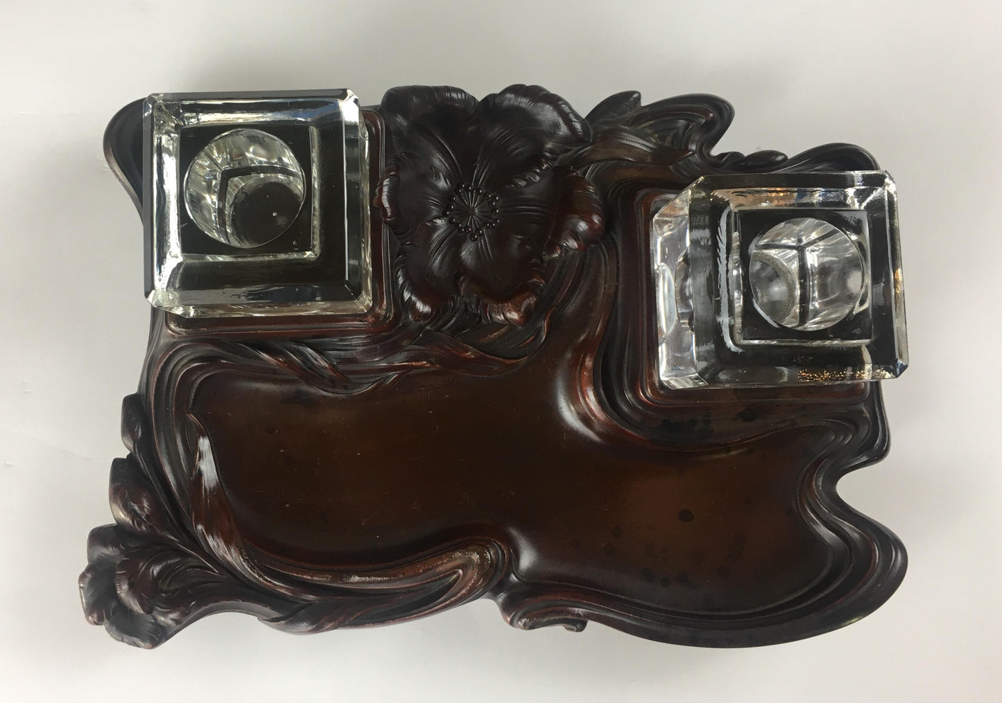 French Art Nouveau Double Crystal Crystal and Art Deco Wood Pen Holder — detail 2