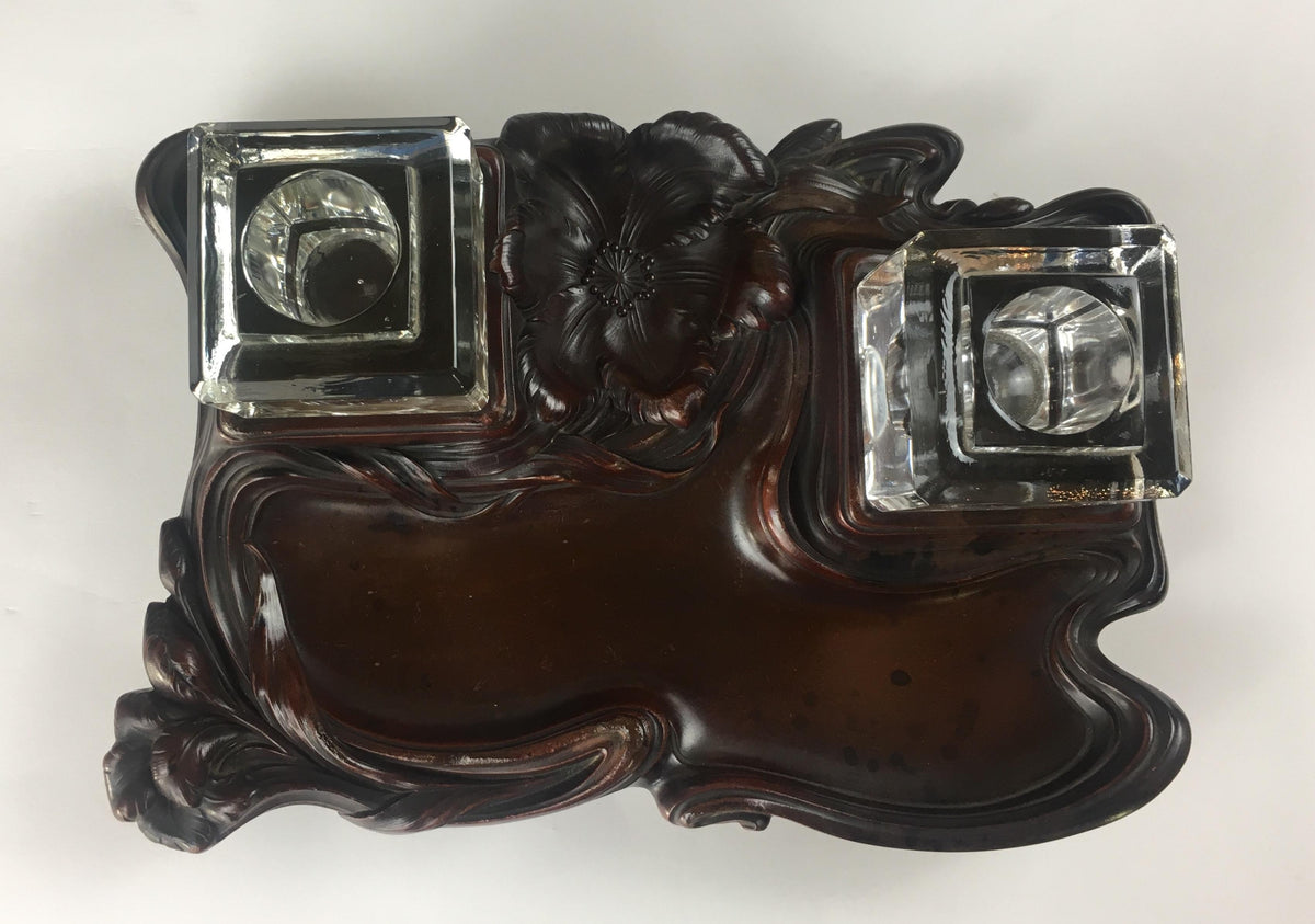 French Art Nouveau Double Crystal Crystal and Art Deco Wood Pen Holder — detail 2