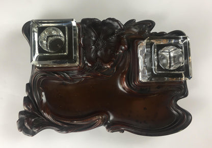 French Art Nouveau Double Crystal Crystal and Art Deco Wood Pen Holder — detail 2