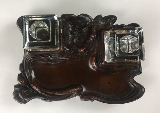 French Art Nouveau Double Crystal Crystal and Art Deco Wood Pen Holder — detail 2