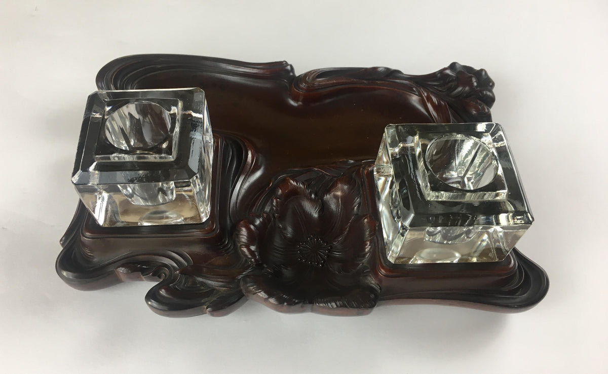 French Art Nouveau Double Crystal Crystal and Art Deco Wood Pen Holder — detail 3