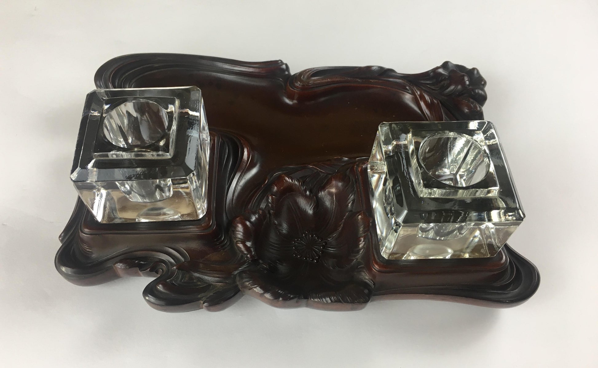 French Art Nouveau Double Crystal Crystal and Art Deco Wood Pen Holder — detail 3