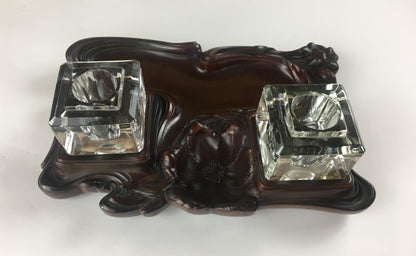 French Art Nouveau Double Crystal Crystal and Art Deco Wood Pen Holder — detail 3