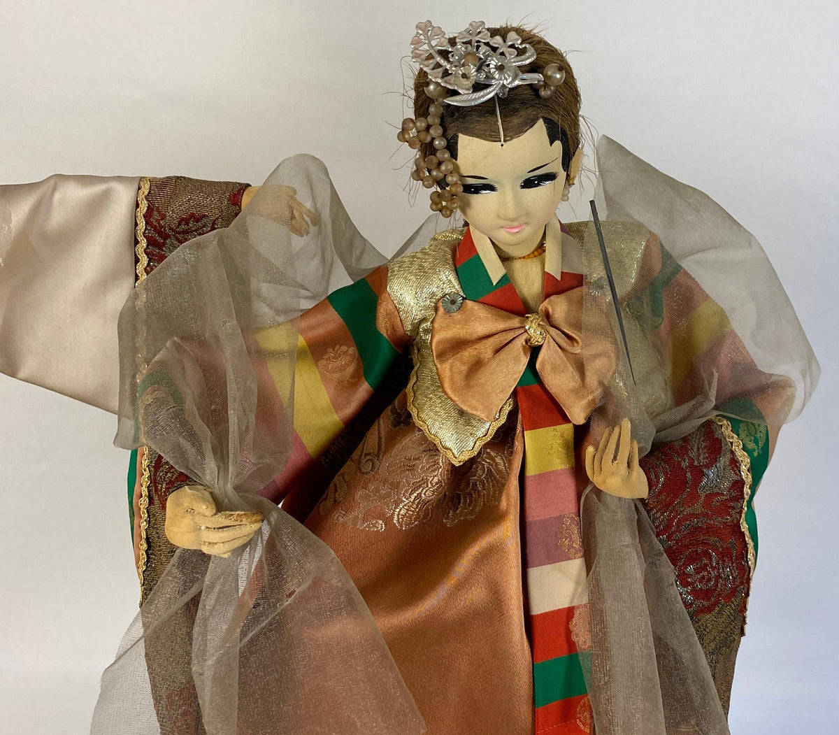 Pair of Oriental Puppet Dolls with Original Silk Costumes — detail 4