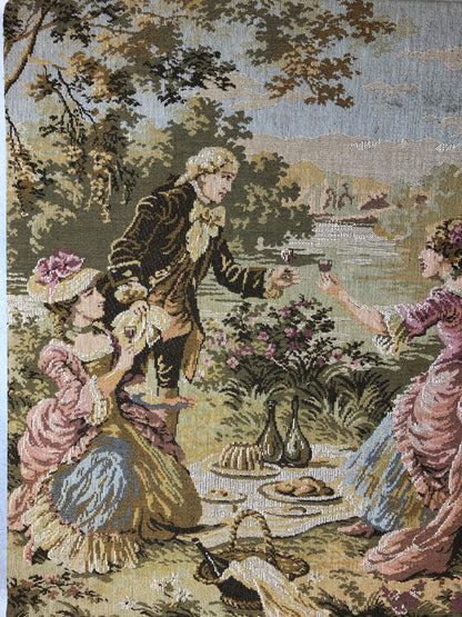 Large French Aubusson Jacquard Tapestry depicting a Pastoral and Romantic Scene — detail 2