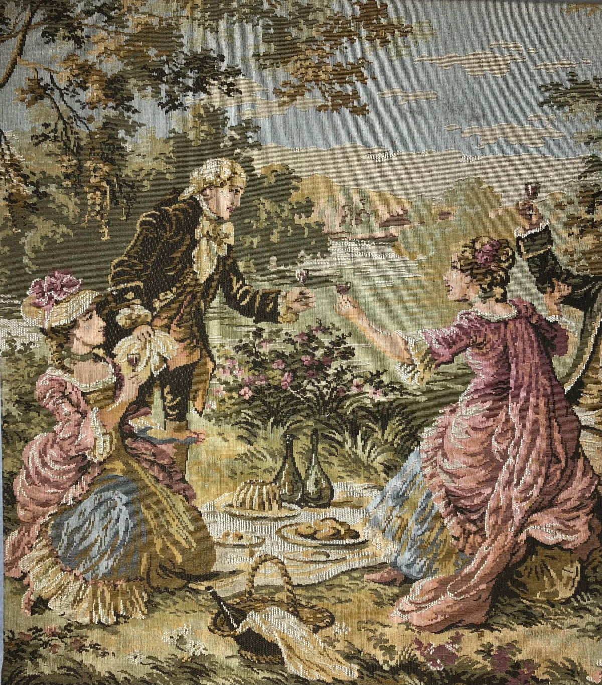 Large French Aubusson Jacquard Tapestry depicting a Pastoral and Romantic Scene — detail 7