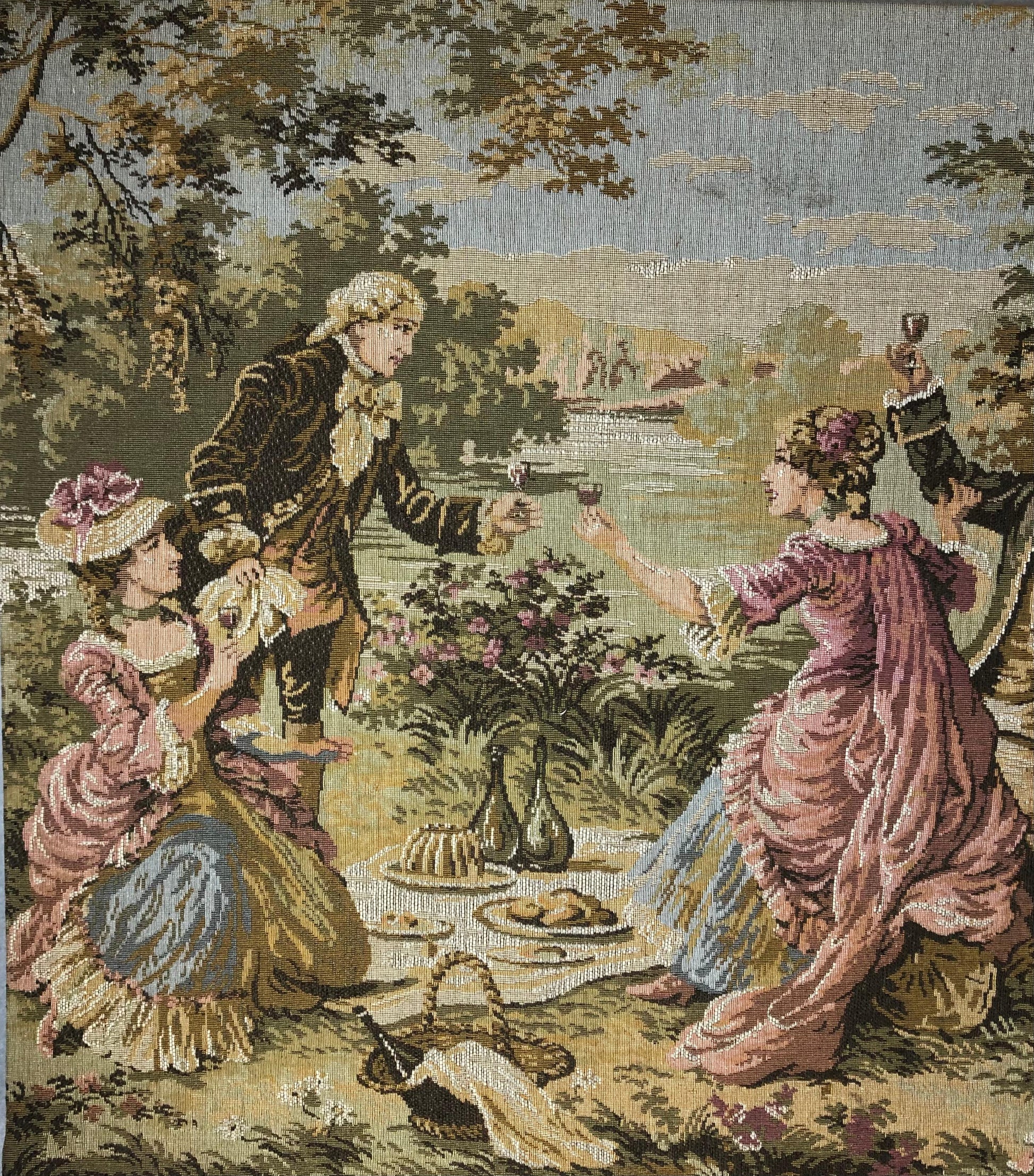 Large French Aubusson Jacquard Tapestry depicting a Pastoral and Romantic Scene — detail 7