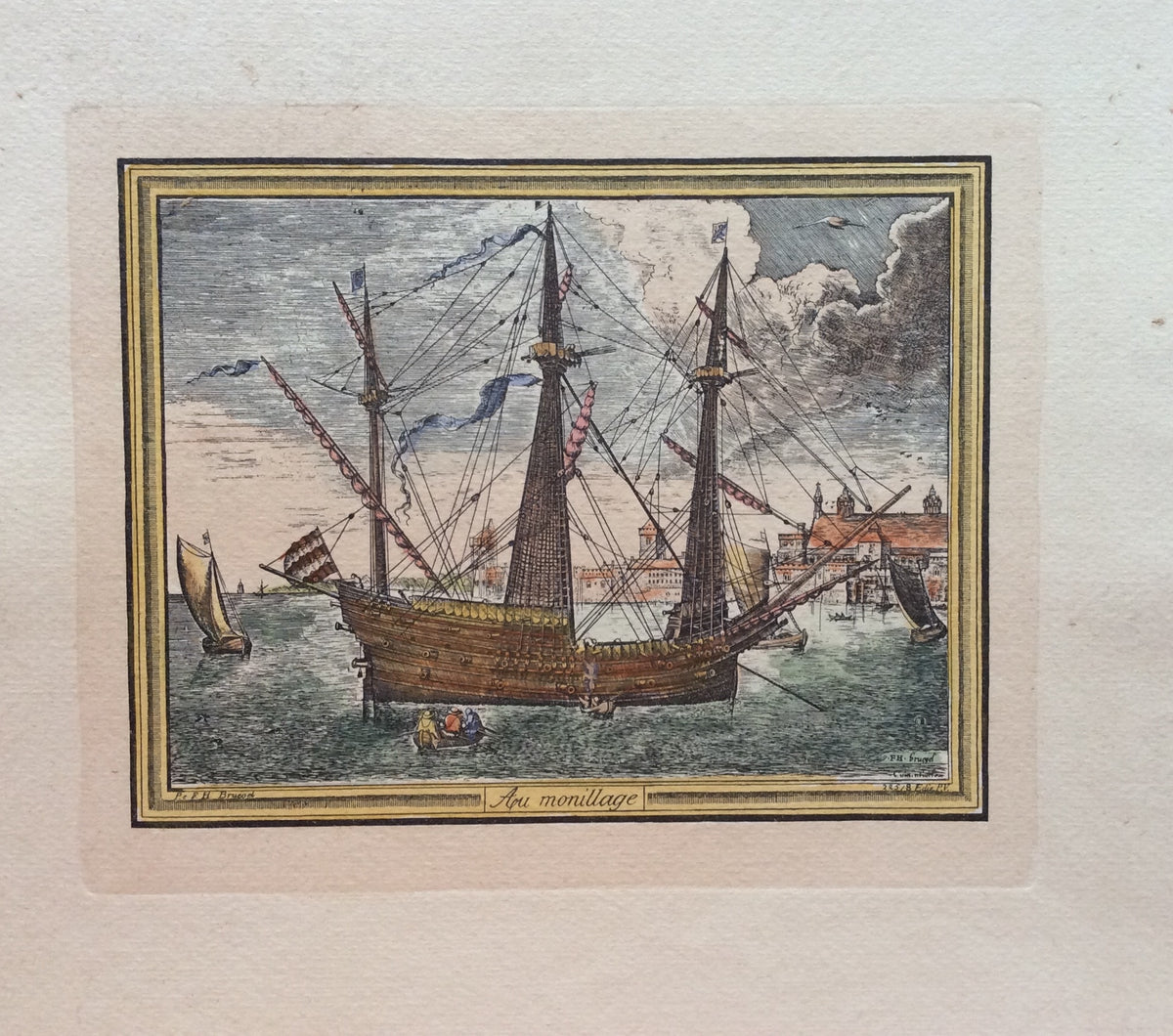 18th Century Color Engraving Print by Pieter F.H. Bruegel, Au Monillage