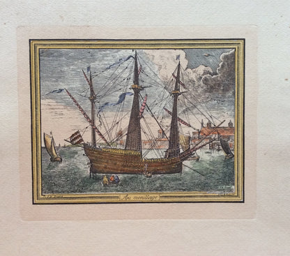 18th Century Color Engraving Print by Pieter F.H. Bruegel, Au Monillage