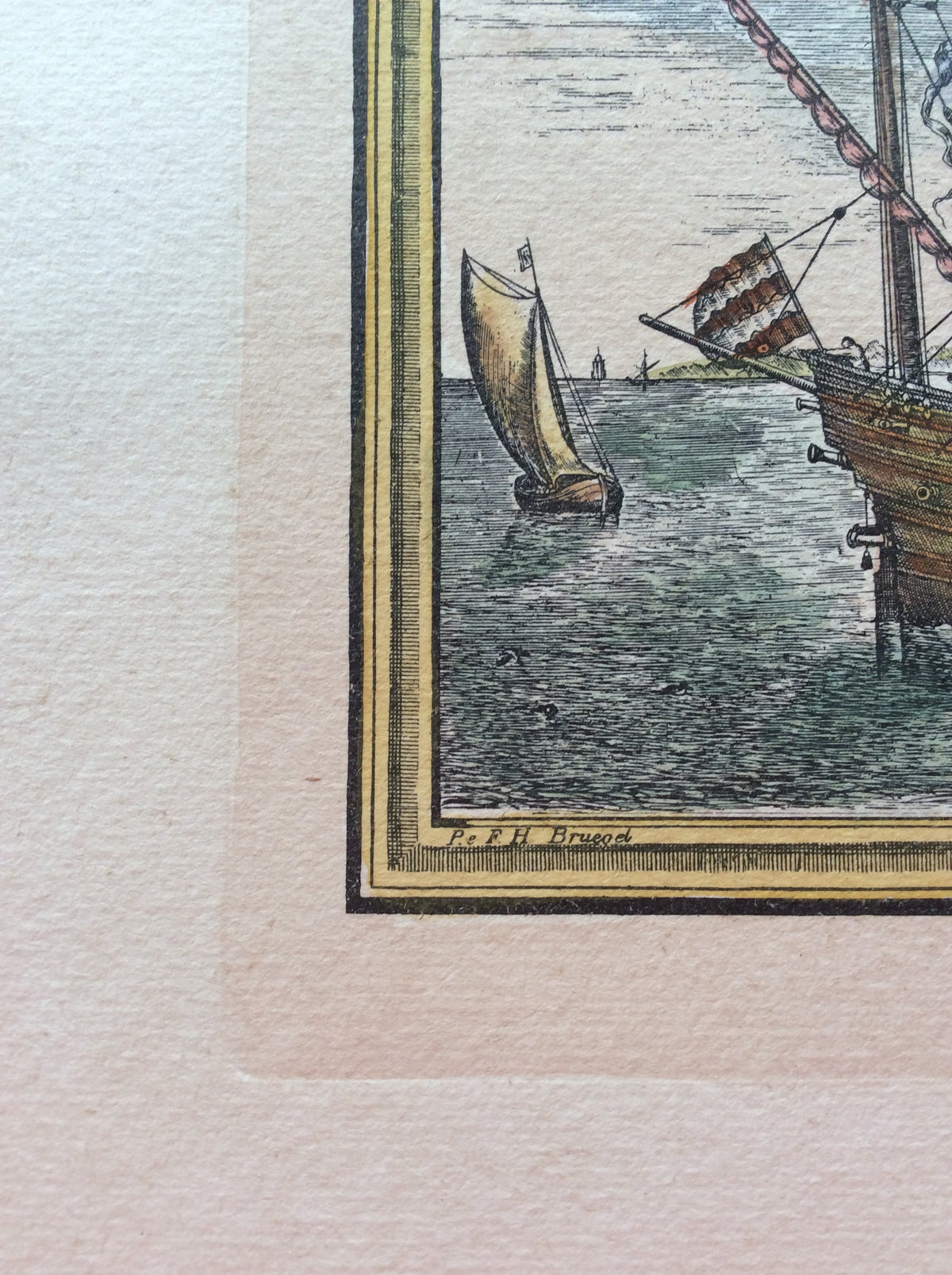 18th Century Color Engraving Print by Pieter F.H. Bruegel, Au Monillage — detail 3