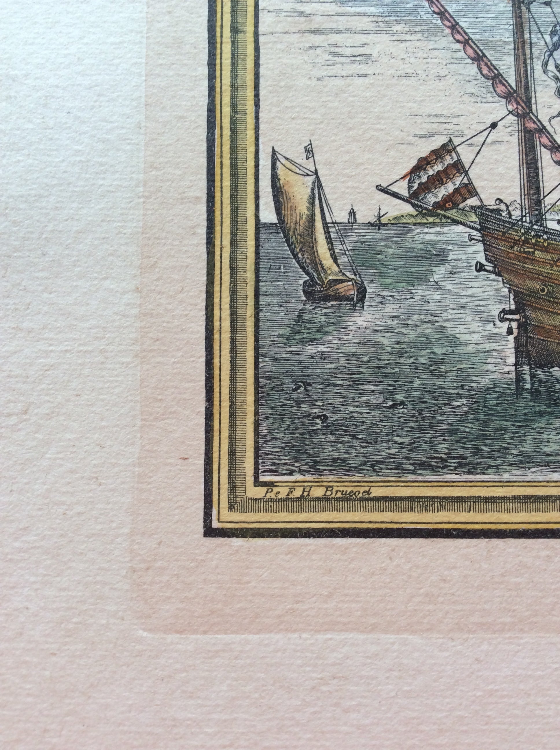 18th Century Color Engraving Print by Pieter F.H. Bruegel, Au Monillage — detail 3
