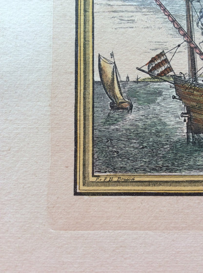 18th Century Color Engraving Print by Pieter F.H. Bruegel, Au Monillage — detail 3