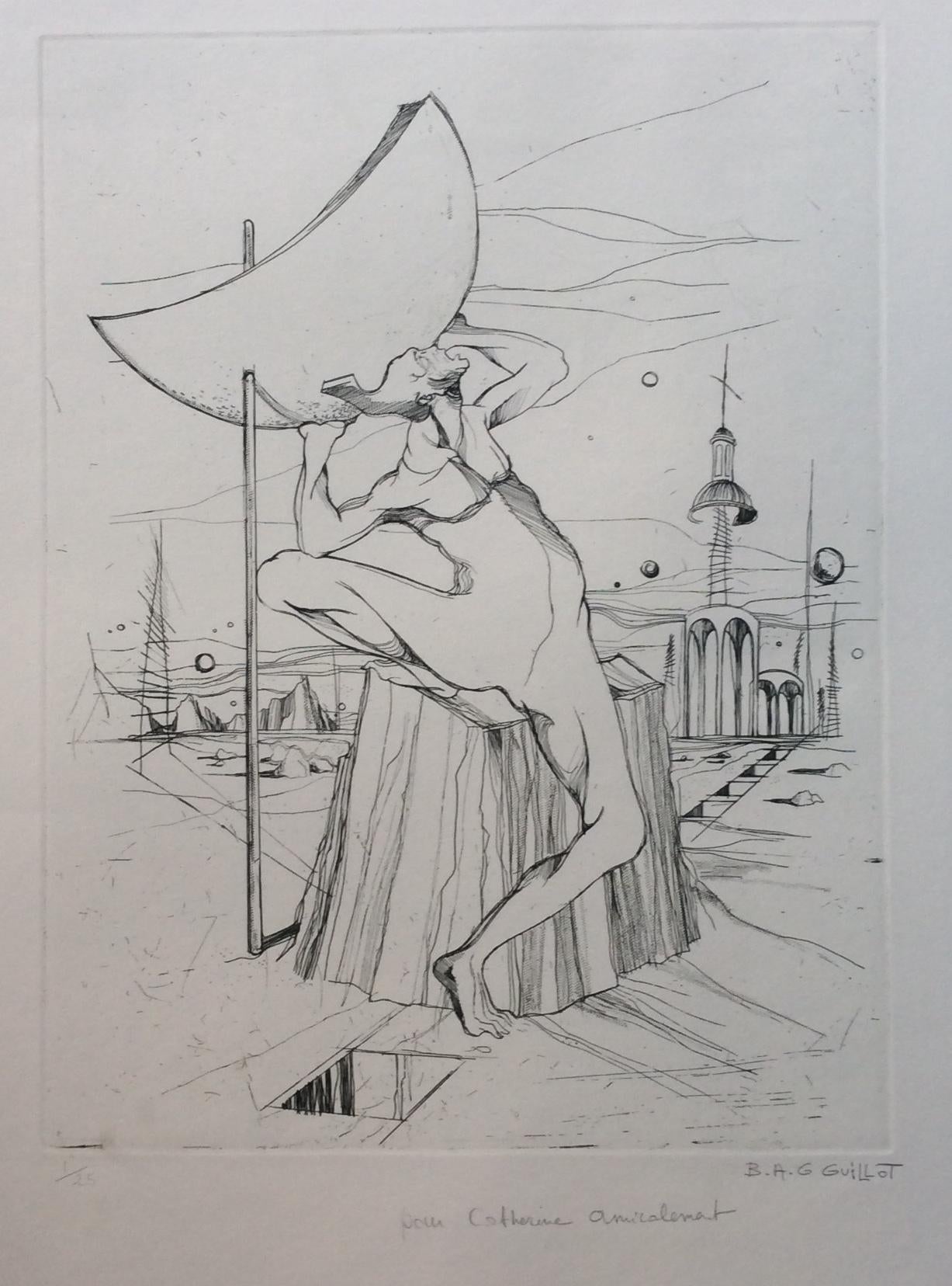 French Surrealism Lithograph manner of Dali by B.A.G. Guillot — detail 3