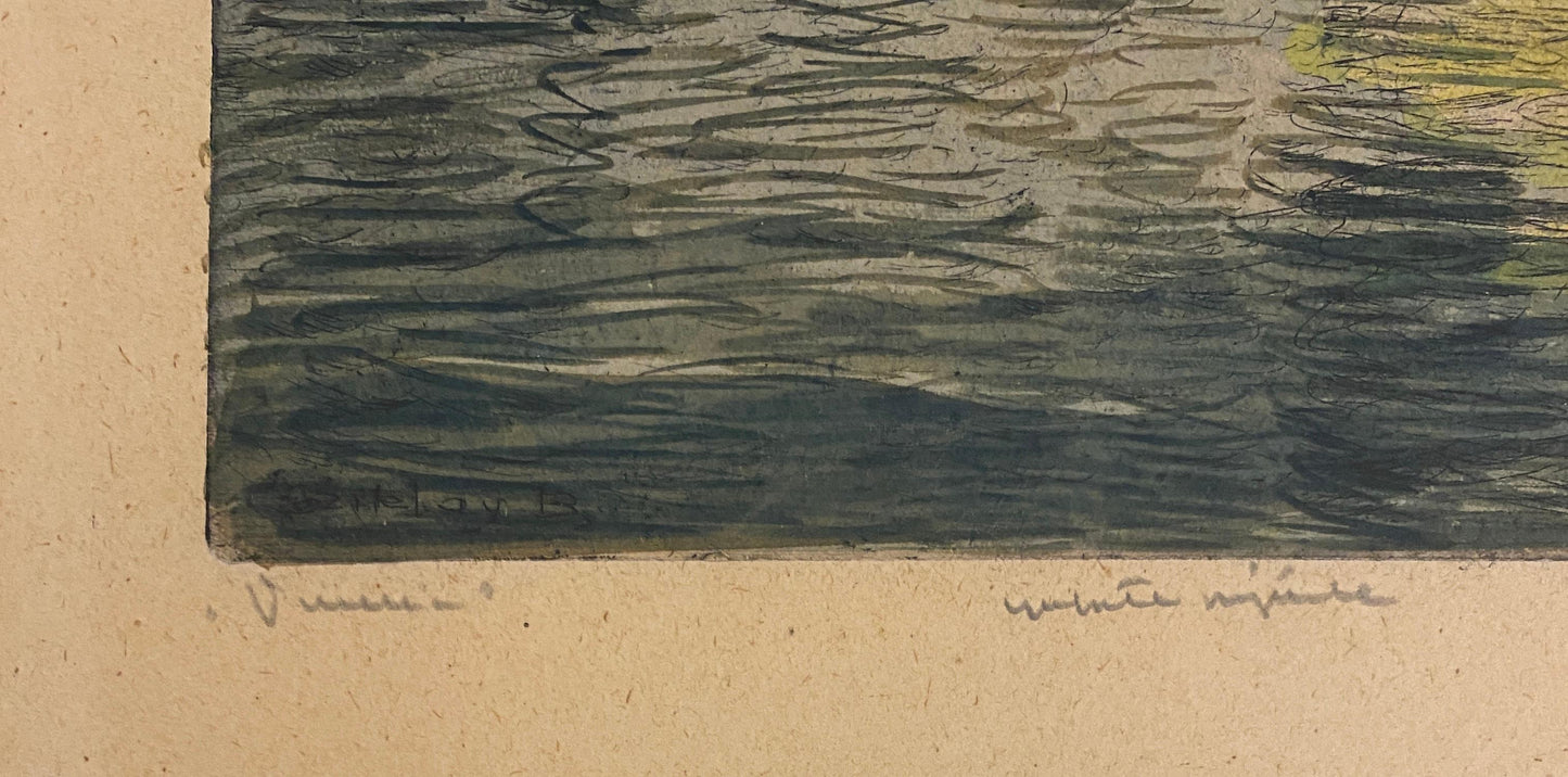 Impressive Colored Etching Venice Italy Doges Palace manner of Canaletto, Signed — detail 3