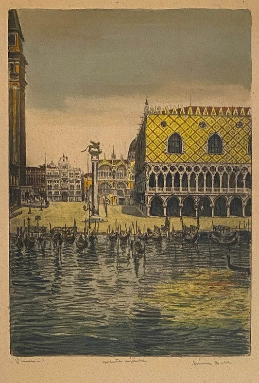 Impressive Colored Etching Venice Italy Doges Palace manner of Canaletto, Signed — detail 2