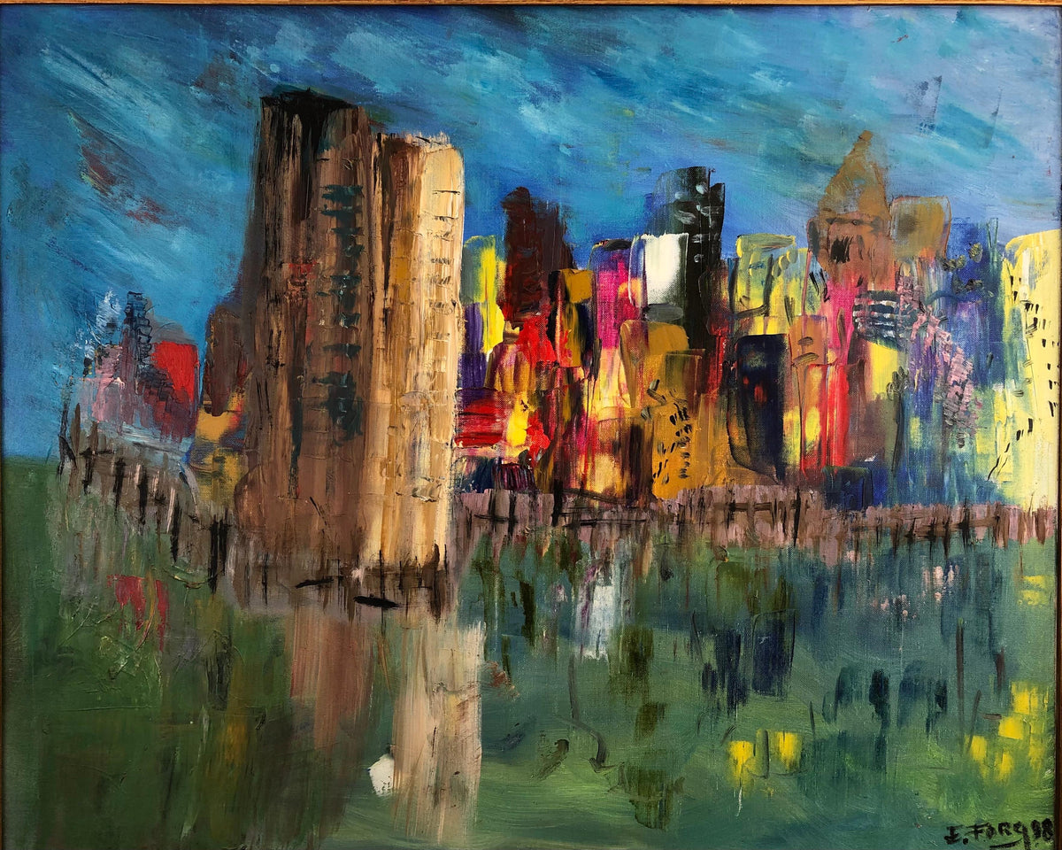 Large Oil on Canvas Painting New York Signed Eric Forg — detail 6
