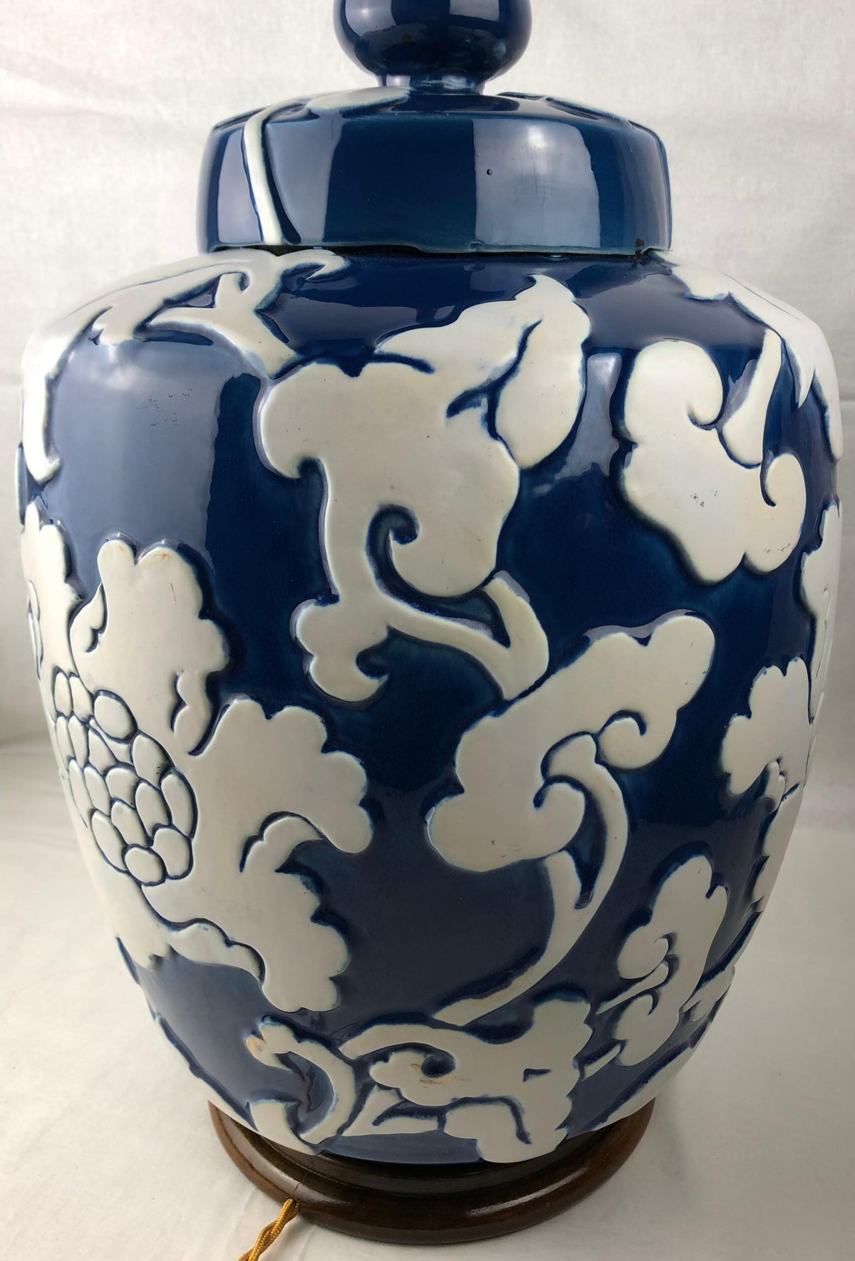 Large Blue and White French Porcelain Table Lamp with High Relief Motifs — detail 3