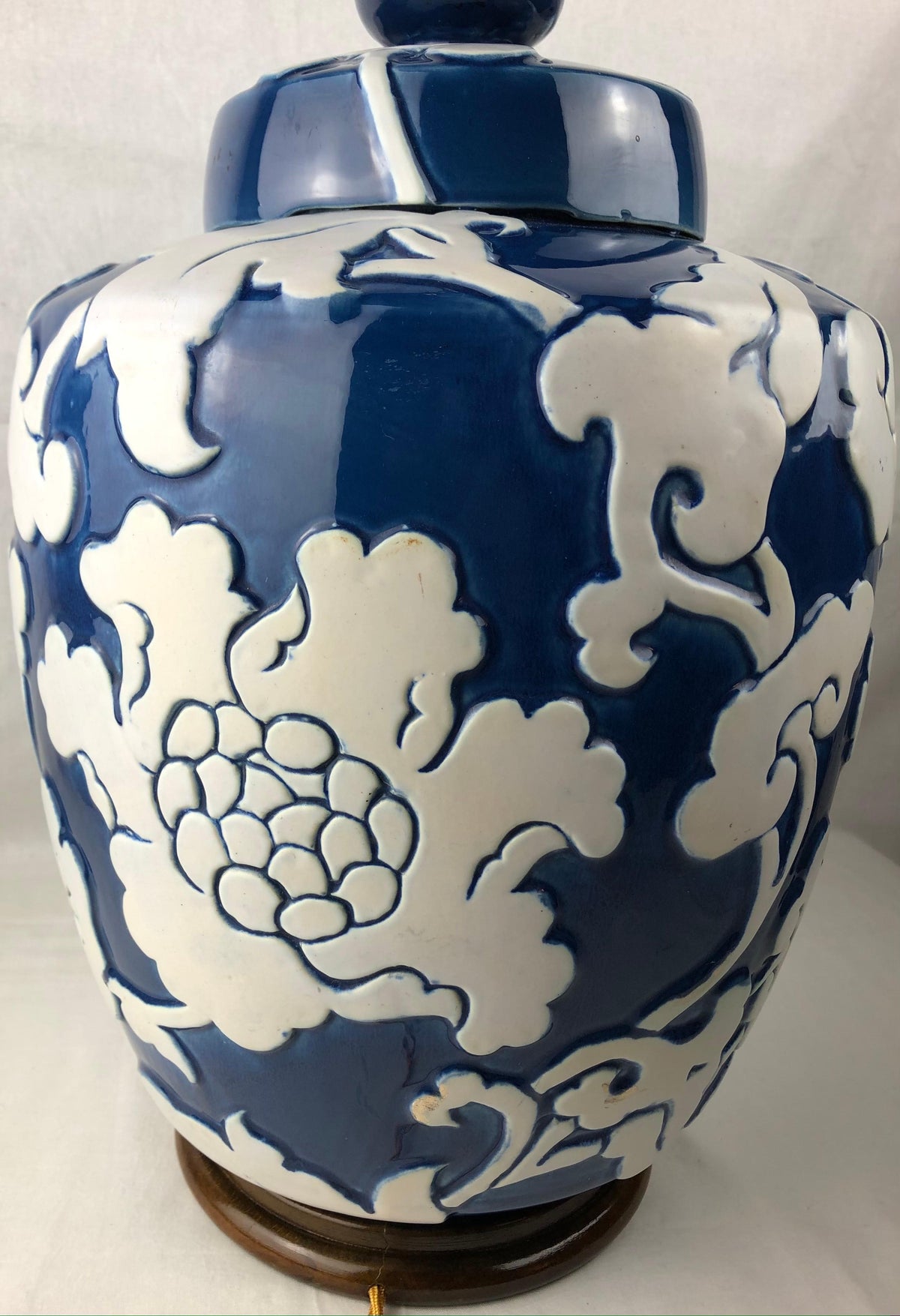 Large Blue and White French Porcelain Table Lamp with High Relief Motifs — detail 13