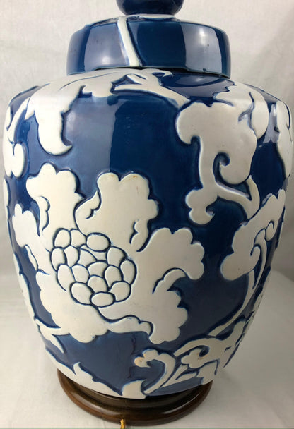 Large Blue and White French Porcelain Table Lamp with High Relief Motifs — detail 13