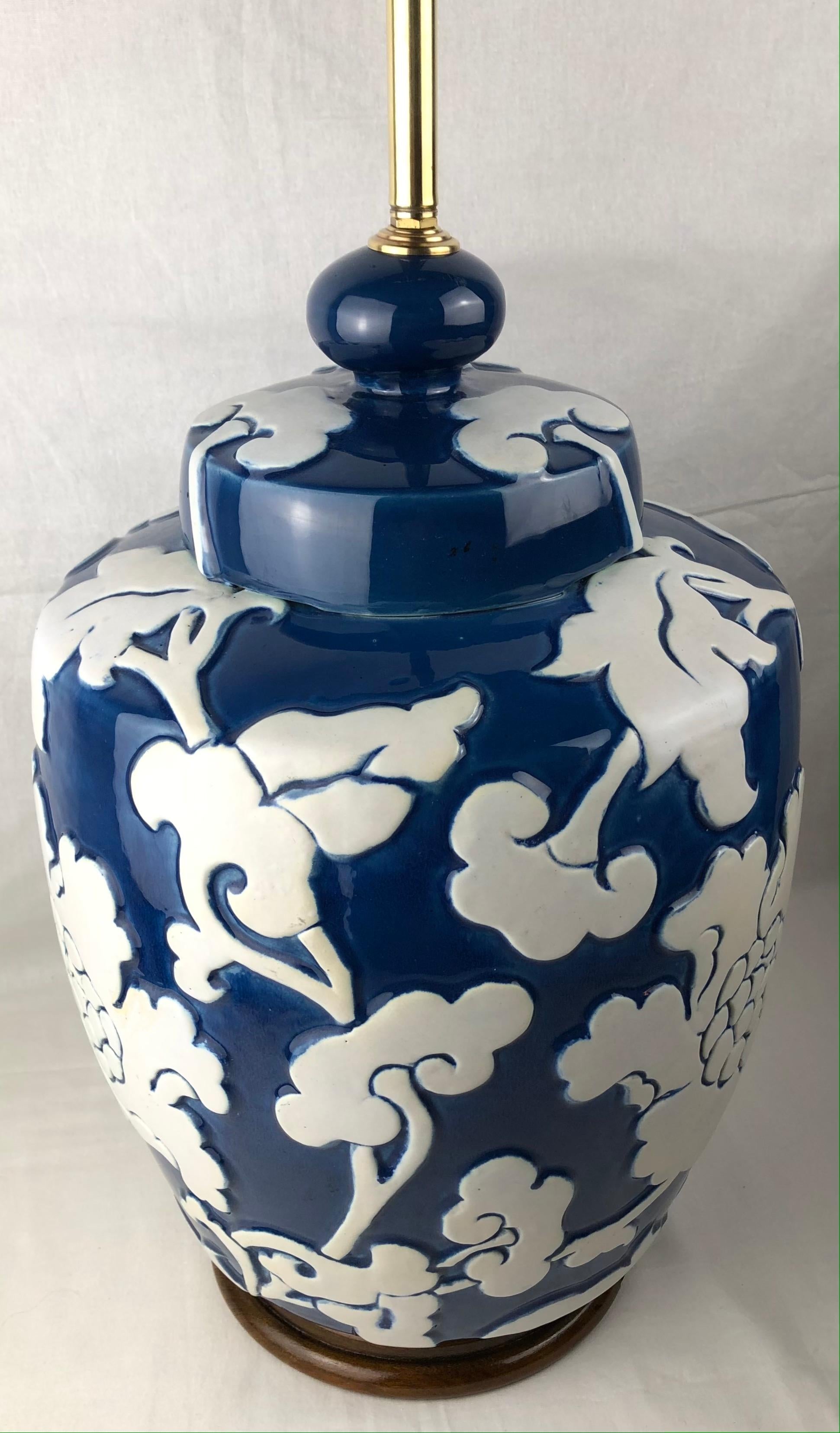 Large Blue and White French Porcelain Table Lamp with High Relief Motifs — detail 2