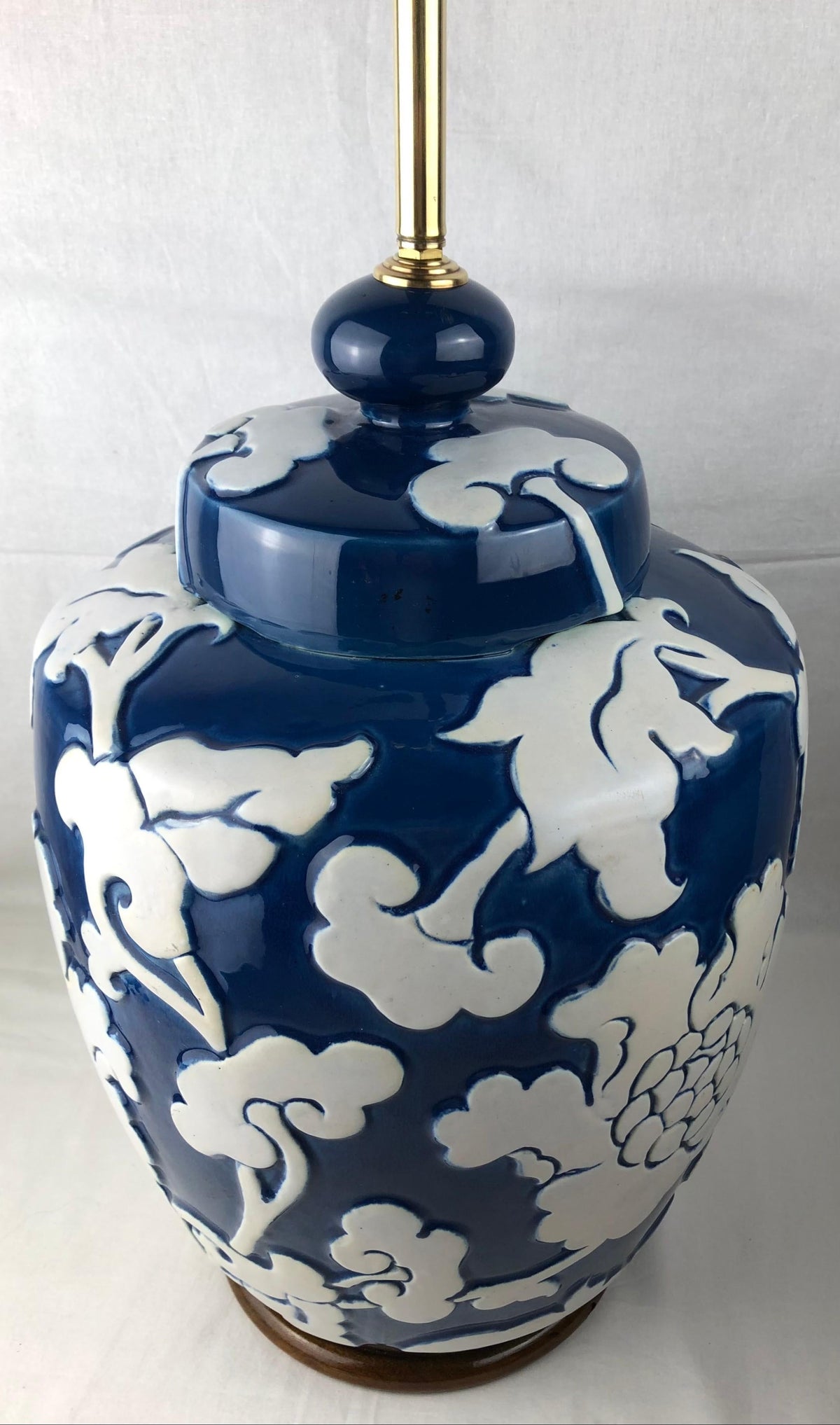Large Blue and White French Porcelain Table Lamp with High Relief Motifs — detail 4