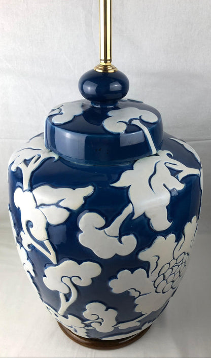 Large Blue and White French Porcelain Table Lamp with High Relief Motifs — detail 4