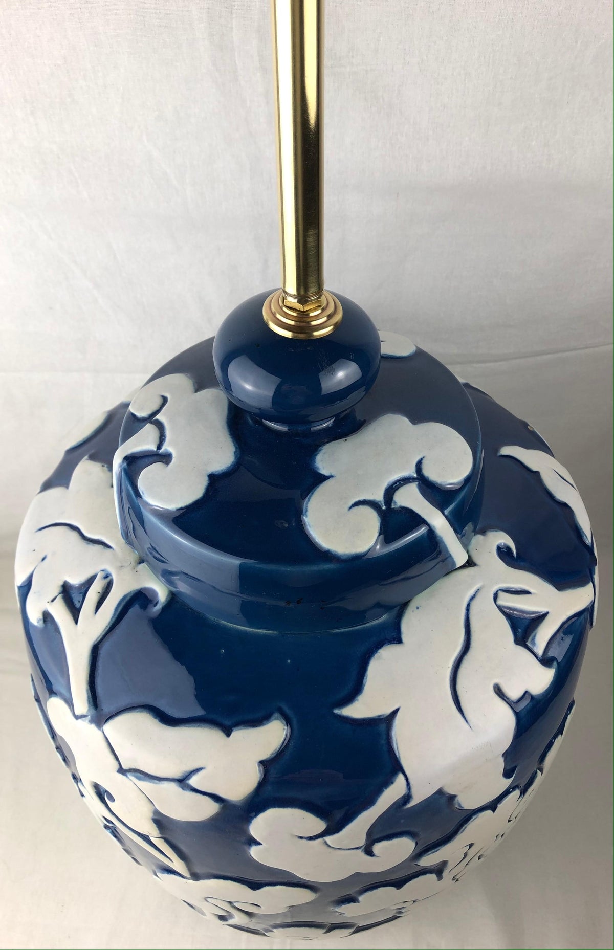 Large Blue and White French Porcelain Table Lamp with High Relief Motifs — detail 7