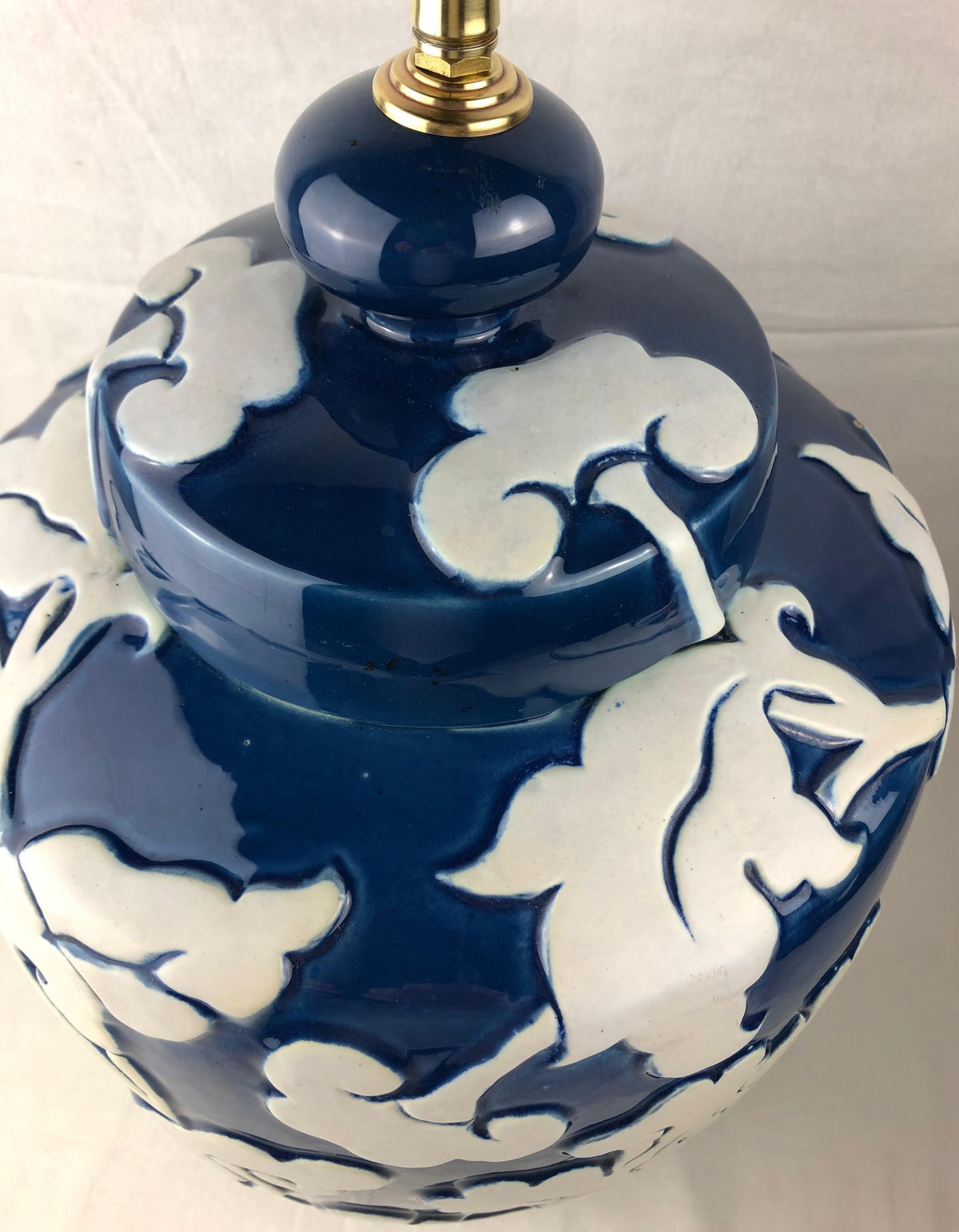 Large Blue and White French Porcelain Table Lamp with High Relief Motifs — detail 8