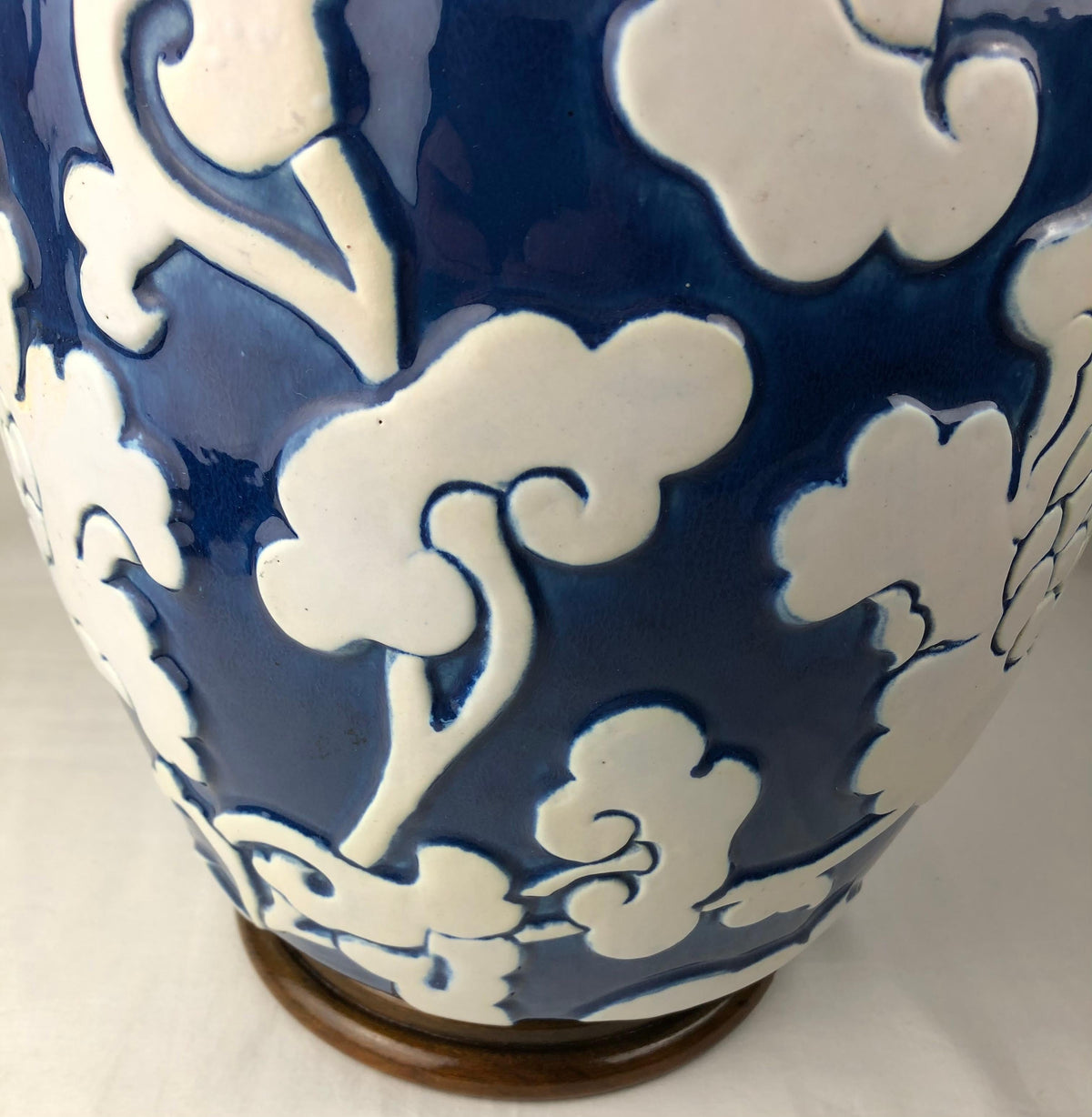 Large Blue and White French Porcelain Table Lamp with High Relief Motifs — detail 10