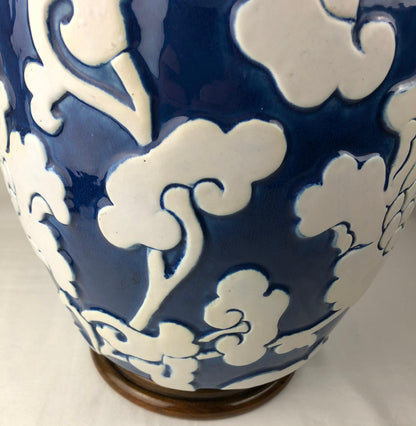 Large Blue and White French Porcelain Table Lamp with High Relief Motifs — detail 10