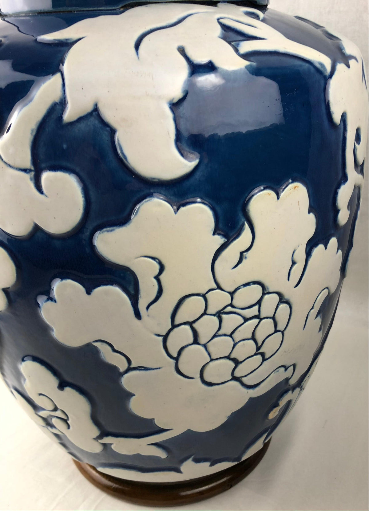 Large Blue and White French Porcelain Table Lamp with High Relief Motifs — detail 11